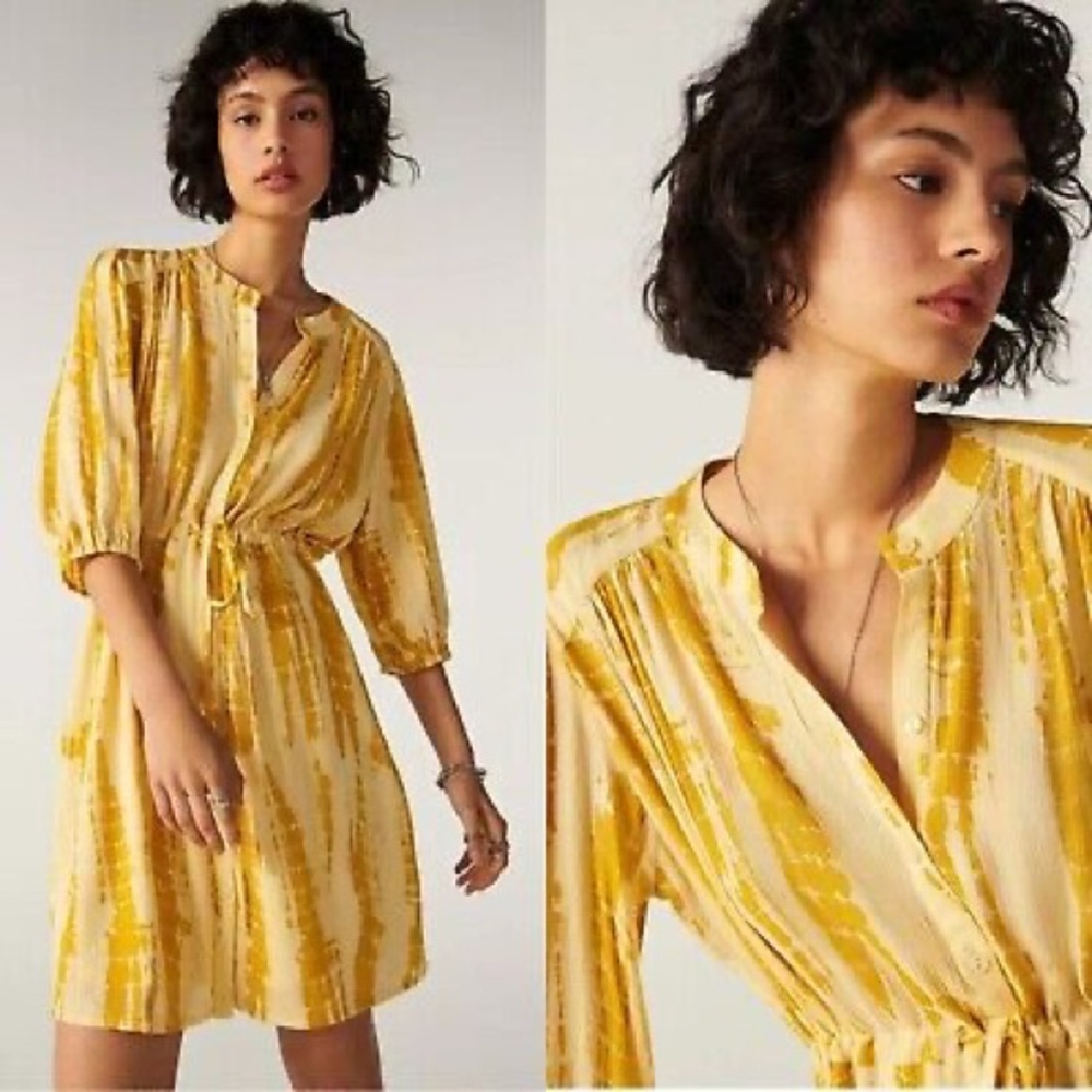 ba&sh Yellow Ocre Metallic Mini Dress with Bishop Sleeves